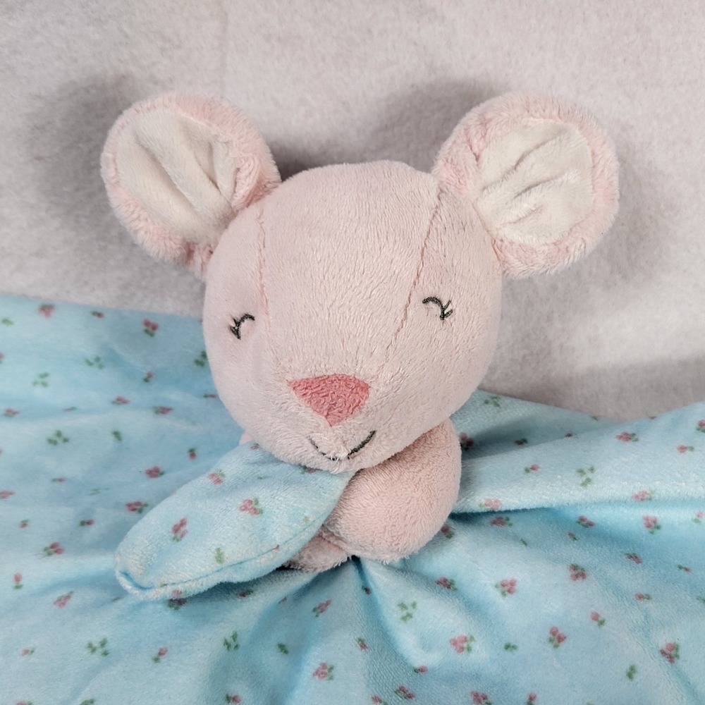 Carters Pink & Blue Teal Floral Stuffed Mouse Lovey Plush Satin Edges Blanky